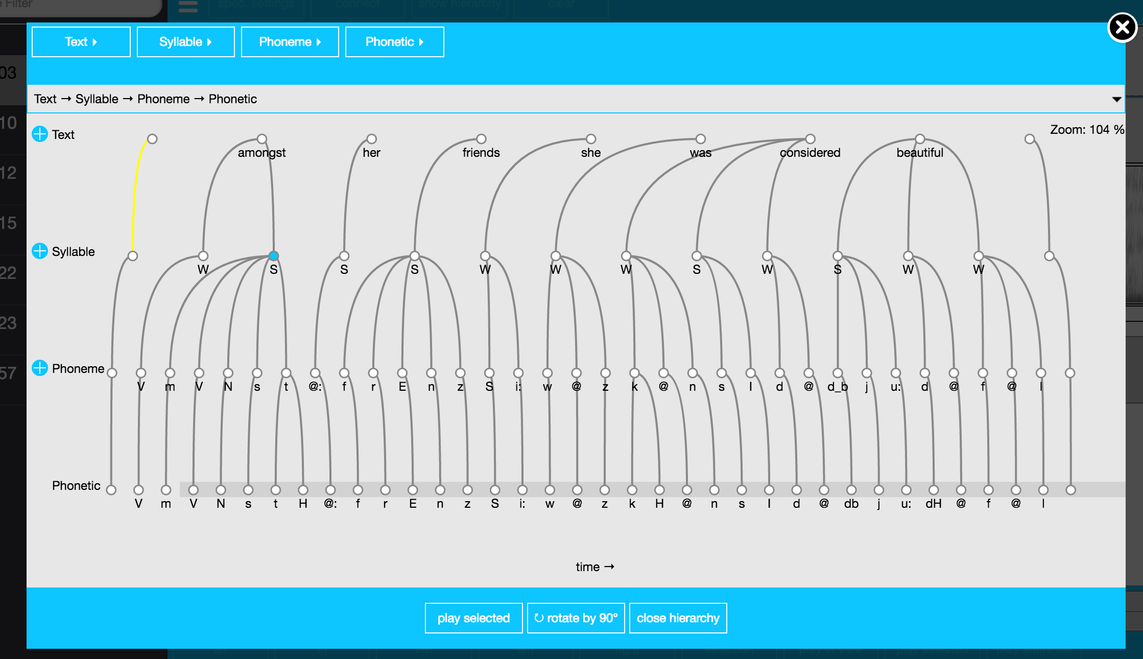 Screenshot of `EMU-webApp` displaying the autobuilt hierarchy of the *my-first* `emuDB`.