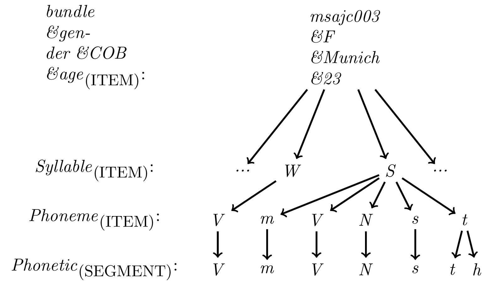 Hierarchical annotation displaying single bundle root node metadata strategy where the label of the primary attribute definition (*bundle*) is empty, *gender* encodes the speaker's gender, *COB* encodes the speakers city of birth and *age* encodes the speaker's age in the form of a string.